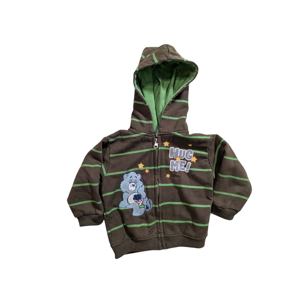 Care‎ Bears Grumpy Bear Zip Up Hoodie Brown Green Striped Kids Size 12-18 Months
